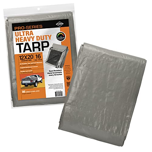 12x20 Ultra Heavy Duty Tarp, Extra Thick 16 Mil, UV Resistant, Grommets Every 18 Inches - Waterproof Plastic Poly Tarpaulin - (Reversible, Silver and KING-A-MA-JIGS