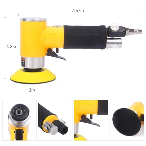 ZHONG AN 2"3" Mini Air Sander Pneumatic Random Orbital Sander, High Speed Pneumatic Palm Sander Air Polisher for Auto Body Work, Woodworking Yellow - WoodArtSupply