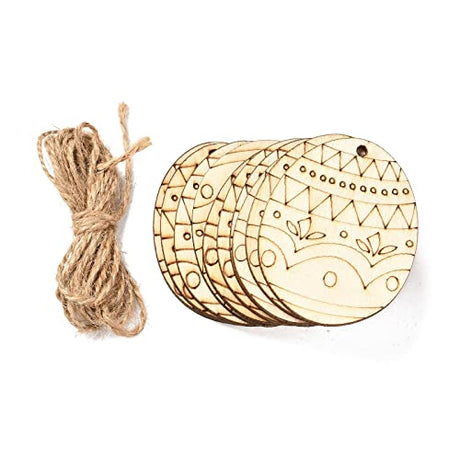40Pcs Wooden Easter DIY Crafts Easter Egg Shape Cutouts Pendants Wood Slices Hanging Tags with Hemp Rope for Easter Party Supplies, Wave Pattern EEE ELECRELIVE