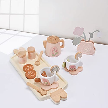 MONT PLEASANT Wooden Tea Set for Little Girls, Wooden Toys, Toddler Tea Set Toy, Play Kitchen Accessories Set, Montessori Toys, Kids Play Kitchen - WoodArtSupply