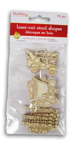 Christmas Icons - Unfinished Laser Cut Out Wooden Shapes for Crafting - Natural Wood - 15 Pieces (Jeep, Bell, Merry Christmas) Woodpile Fun!