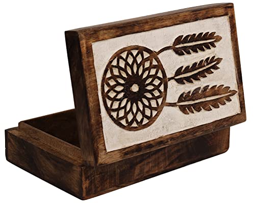 ETROVES Carved Wooden Box - Handmade Keepsake Memory Wood Storage Box with Lid, Dream Catcher 8 Inch