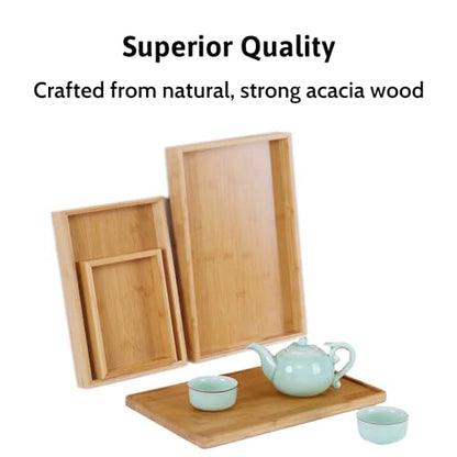 2WOOD Natural Wood Serving Tray with Handles - Stackable, Compact Wooden Nested Serving Trays for Easy Transport - Ergonomic Grip Wood Trays