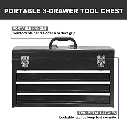 BIG RED 3 Drawer 20“ Metal Tool Box Portable Steel Tool Chest with Metal Latch Closure for Garage, Home and Workbench,Black,ANTBD133-XT - WoodArtSupply