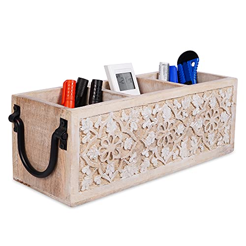 Mela Artisans Wood Utensil Holder for Kitchen | 3 Compartments - Whitewash & Black | Rustic Farmhouse Home Decor | Bathroom Organizer | Decorative