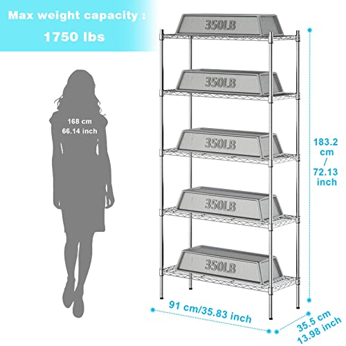 Auslar 5-Shelf Storage Shelves Heavy Duty 5 Tiers Standing Large Shelving Units Adjustable Metal Organizer Wire Rack, 14" x 36" x 72", Chrome Auslar