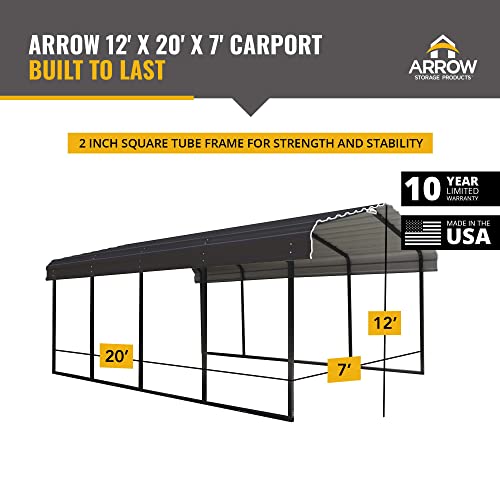 Arrow Shed 12 x 20 x 7-Foot Heavy Duty Galvanized Steel Metal Multi-Use Shelter, Shade, Carport, 12' x 20' x 7', Charcoal color Arrow