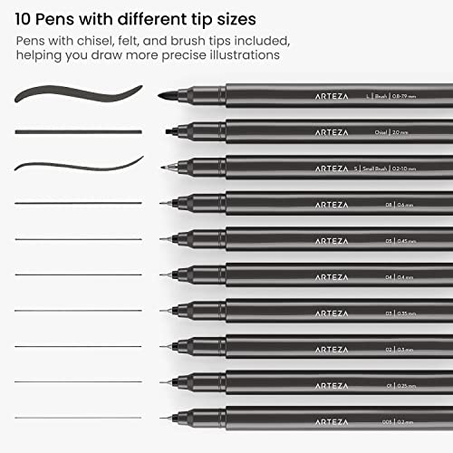 ARTEZA Micron Pens, Set of 10 Black Ink Archival Fineliners, Quick-Dry, Assorted Sizes Calligraphy Pens (from 0.2mm to 7.9mm), Smudge-Proof