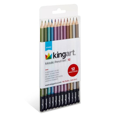 KINGART 335-12 Metallic 12 Ct. Colored Pencil Set, 12 Shiny Colors for Light & Dark Surfaces, Pre-Sharpened, Durable for Sketching & Drawing, KINGART