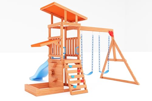 Dolphin Playground Swing Sets for Backyard with Slide, Wooden Outdoor Playset for Kids with Sandbox, Rock Climbing Wall, 2 Belt Swings, and Fort, - WoodArtSupply