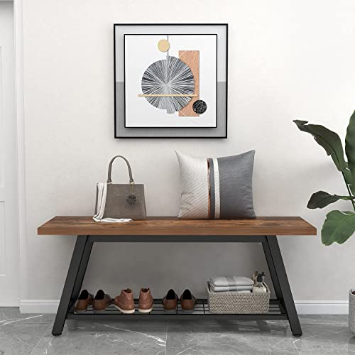 Oastreeful Storage Bench Industrial Rustic Wooden and Metal Entryway Shoe Boots Storage Rack Long Bench Seat for Hallway Bedroom Retro Brown Oastreeful