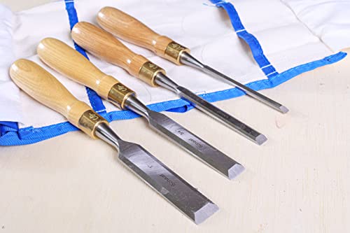 Schaaf Tools 4-Piece Wood Chisel Set | Finely Crafted Wood Chisels for Woodworking | Durable Cr-V Steel Bevel Edged Blade, Tempered to 60HRc | Tool Schaaf Wood Carving Tools
