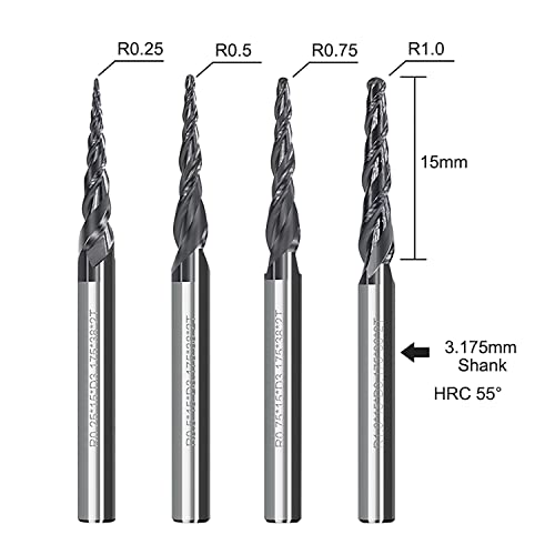 4Pcs Tapered Ball Nose End Mill, 1/8” Shank R0.25/R0.5/R0.75/R1.0 Tip Carbide Wood Engraving Bit CNC Router Bit Milling Cutter 2D and 3D Engrave AnoleX