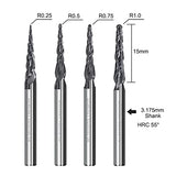 4Pcs Tapered Ball Nose End Mill, 1/8” Shank R0.25/R0.5/R0.75/R1.0 Tip Carbide Wood Engraving Bit CNC Router Bit Milling Cutter 2D and 3D Engrave AnoleX