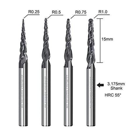 4Pcs Tapered Ball Nose End Mill, 1/8” Shank R0.25/R0.5/R0.75/R1.0 Tip Carbide Wood Engraving Bit CNC Router Bit Milling Cutter 2D and 3D Engrave AnoleX