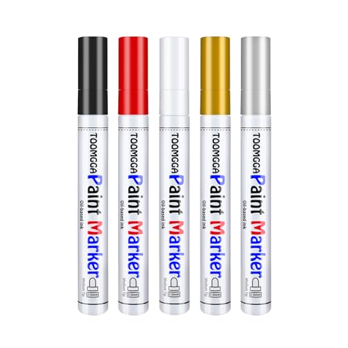 TOOMGGA Permanent Paint Pens - 5 Pack Oil Based Paint Markers, Quick Dry Paint Pens for Rock Painting, Metal, Glass, Fabric, Plastic, Medium Tip - WoodArtSupply