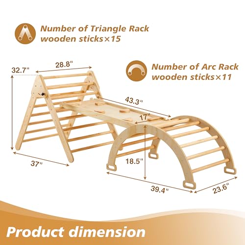 5 In 1 Pikler Triangle Gym, Montessori Foldable Wooden Climbing Set with Ramp, Arch Climber and Rocker, Toddlers Climbing Triangle Learning Waldorf
