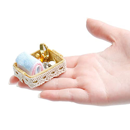 1:12 Scale Mini Bath Basket Set with Towel Mirror Comb Perfume Miniature Lace Basket for Miniature House Bathroom Scene Decoration Accessories