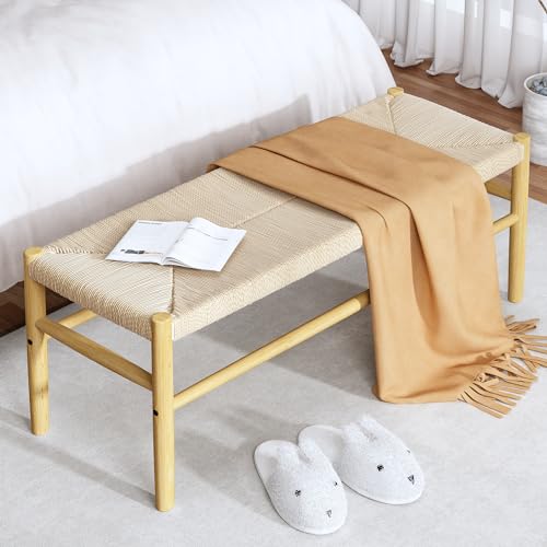 Recaceik Indoor Entryway Bench with Paper Cord Ottoman, Mid-Century Long Bench with Rubber Wood Legs, French Vanity End Bed Bench for Bedroom Living Recaceik