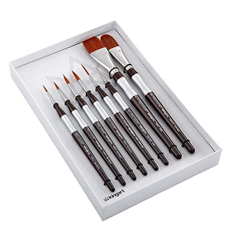 KINGART 1070C Premium Precision Mixed Media Artist Paint Brushes Set of 8, Ergonomic Comfort Short Handle, Oil, Watercolor, Acrylic Painting, Gift KINGART