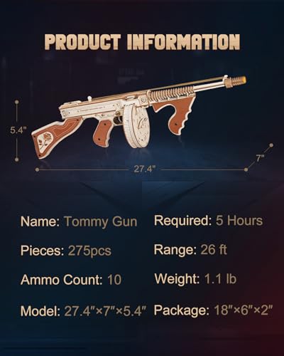 ROKR 3D Wooden Puzzle Tommy Gun Model Kit - Engaging Craft for Adults and Perfect Gift Idea ROKR
