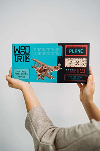 Wood Trick Bi-Plane Toy Kit, Wooden Toy Plane - Mechanical Model Plane Mini - 3D Wooden Puzzle, Assembly Model - STEM Toys for Boys and Girls - 3D Wood Trick