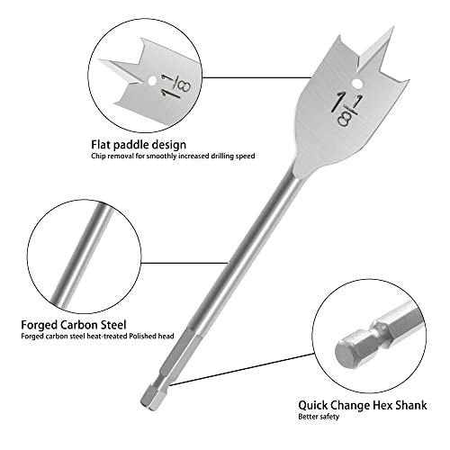 BeHappy 13 Piece Spade Drill Bit Set, Wood Drill Bit Set, Paddle Flat Bit Sets for Woodworking, Carbon Steel Paddle Flat Bit with Quick Change Shank, - WoodArtSupply