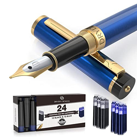 Dryden Designs Fountain Pen - Medium Nib | Includes 24 Ink Cartridges (12 Black 12 Blue) and Ink Refill Converter | Calligraphy Pen, Consistent Dryden Designs