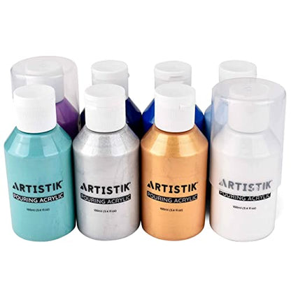 ARTISTIK Acrylic Pouring Paints - 8 x 100ml Paint Colour Set with 2 Mixing Cups - Paint Bottles for Art Supplies, Canvas, Glass, Paper, Wood, Stone,