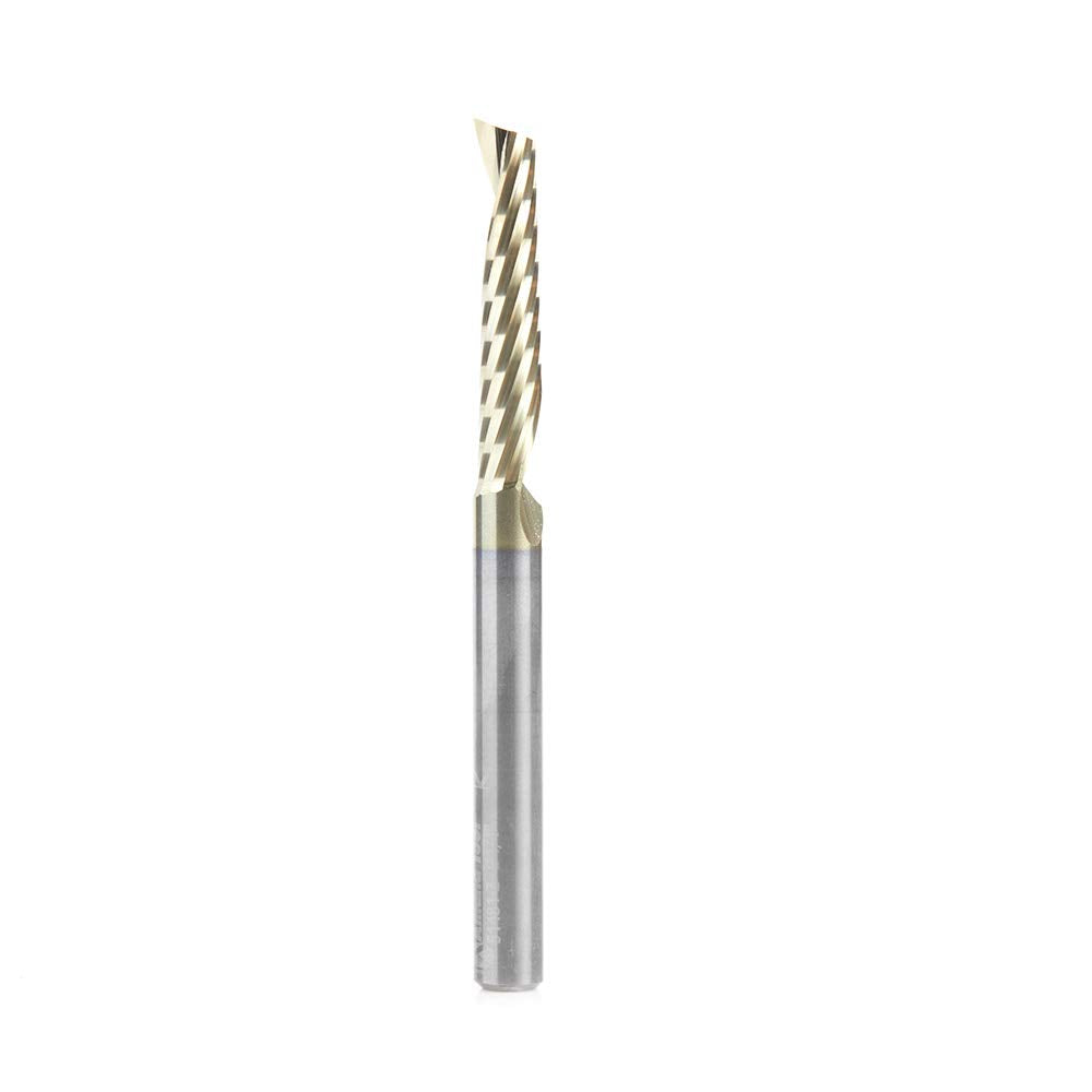 Amana Tool 51481-Z CNC SC Spiral O Single Flute Aluminum Cutting 1/4 D x 1-1/4 CH x 1/4 SHK x 3 Inch Long Up-Cut ZrN Coated Router Bit withMirror Amana Tool