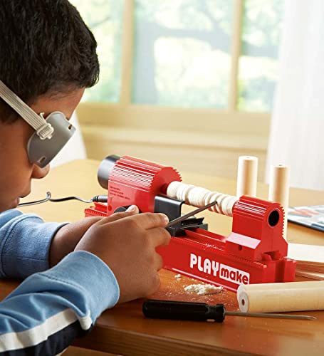 PLAYmake Kids’ 4-in-1 Woodshop Carpentry Cool Tool with Jigsaw, Lathe, Drill Press, Sander, Power Supply, Safety Goggles, Extra Supplies, and Deluxe HearthSong