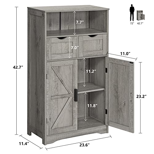 WEENFON Floor Storage Cabinet with 2 Adjustable Drawers & 2 Barn Doors, Standing Cupboard with 2 Shelf, for Living Room, Home Office, Kitchen, Grey WEENFON