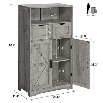 WEENFON Floor Storage Cabinet with 2 Adjustable Drawers & 2 Barn Doors, Standing Cupboard with 2 Shelf, for Living Room, Home Office, Kitchen, Grey - WoodArtSupply