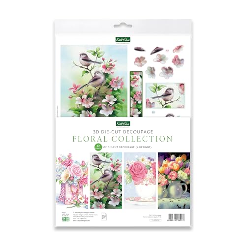 Katy Sue 'Floral Collection' Paper Tole 3D Die-Cut Decoupage Selection Pack - Contains 12 Die-Cut Sheets of Flowers & Birds in US 'Letter Size' for - WoodArtSupply