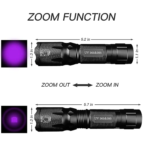 HSXMN UV Flashlight with Rechargeable Battery, 365nm & 395nm Ultraviolet Blacklight Detector for Dry Dog Urine Stains, Black Light Torch for Resin