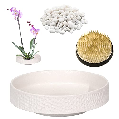 WANDIC Flower Arranging Supplies, Round Flower Frog & Ceramic Flower Pot Hammer-Pattern White Flower Arrangement Pot for Ikebana Floral Art Home - WoodArtSupply