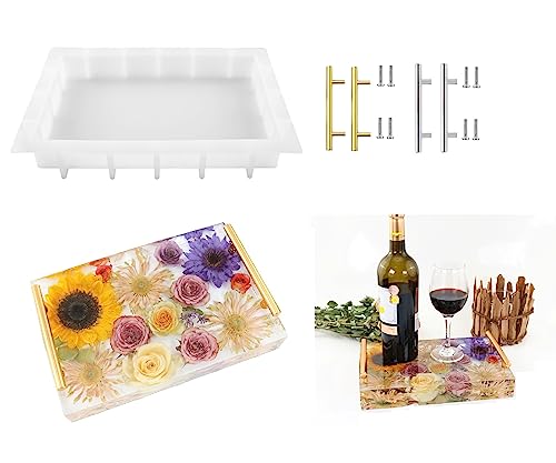 Resin Tray Molds Silicone, 13.5" Large Rectangle Deep Tray Resin Mold & Gold and Silver Handle, Shiny Silicone Tray Board Table Mold for Resin,