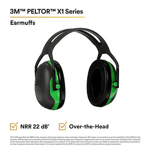 3M Peltor X1A Over-the-Head Ear Muffs, Noise Protection, NRR 22 dB, Construction, Manufacturing, Maintenance, Automotive, Woodworking,Green - WoodArtSupply