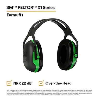 3M Peltor X1A Over-the-Head Ear Muffs, Noise Protection, NRR 22 dB, Construction, Manufacturing, Maintenance, Automotive, Woodworking,Green - WoodArtSupply