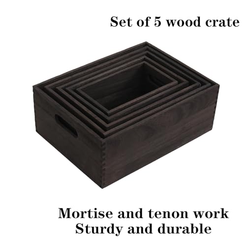 FDHUIJIA Set of 5 Nesting Wooden Crates, Rustic Wood Basket with Handles, Decorative Farmhouse display large Storage crate Box - WoodArtSupply