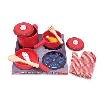 Melissa & Doug Deluxe Wooden Kitchen Accessory Set - Pots & Pans (8 pcs) , Green , H: 12 x W: 12 x D: 5 - WoodArtSupply