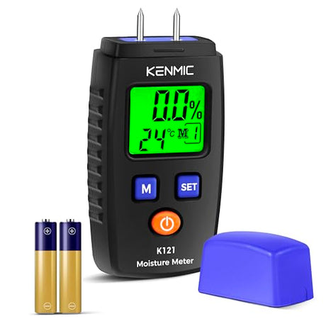 KENMIC Wood Moisture Meter Portable LCD Wood Moisture Detector with Green Backlight, Pin Type Water Leak Detector with 5 Modes for Walls, Wood, KENMIC