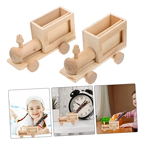 Tofficu 2pcs DIY Train Pen Holder Mini Unfinished Wooden Train Unfinished Wood Dolls DIY Wood Ornaments Small Unfinished Wood Basket Kids Painting Tofficu