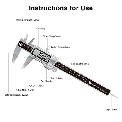 KETOTEK Digital Caliper 6 Inch Measuring Tool, Stainless Steel Electronic Vernier Calipers, Digital Micrometer with Large LCD Screen, inch/Metric - WoodArtSupply