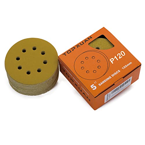 TOPXUAN Orbital Sander Pads, 5 Inch 8 Holes, Hook and Loop Dry Abrasive Gold Sandpaper, Suitable for Wood, Metal, Plastic Grinding and Polishing, TOPXUAN