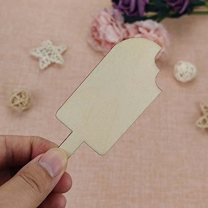 Creaides 20pcs Popsicle Wood DIY Crafts Cutouts Wooden Popsicle Shaped Hanging Ornaments with Hole Hemp Ropes Gift Tags for Ice Cream Themed Birthday