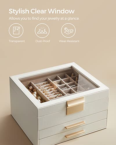 SONGMICS Jewelry Box with Glass Lid, 3-Layer Jewelry Organizer, 2 Drawers, for Big and Small Jewelry, Jewelry Storage, Modern Style, 8 x 9.1 x 5.3 SONGMICS