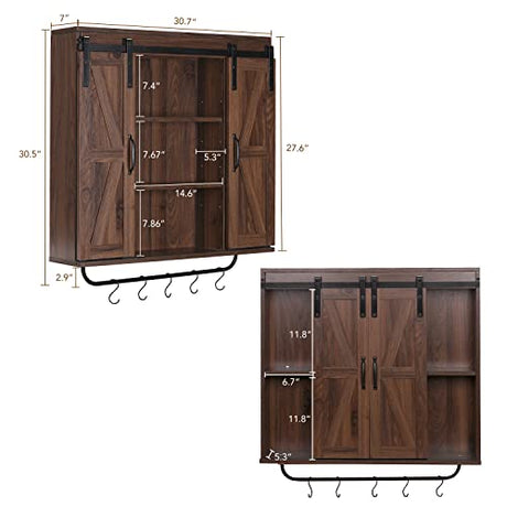 RUSTOWN Rustic Wood Wall Storage Cabinet with Two Sliding Barn Door, 3-Tier Decorative Farmhouse Vintage Cabinet for Kitchen Dining, Bathroom, Living RUSTOWN