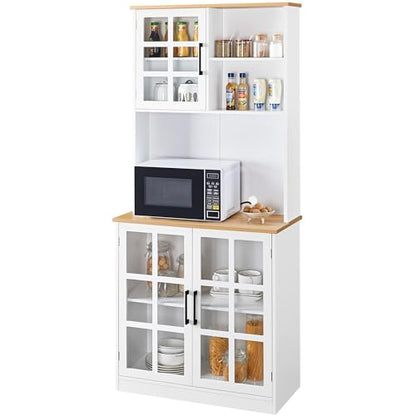 Yaheetech Kitchen Pantry Storage Cabinet with Hutch, 72'' Freestanding Buffet Cupboard with Large Countertop & Glass Doors & Adjustable Shelves, - WoodArtSupply