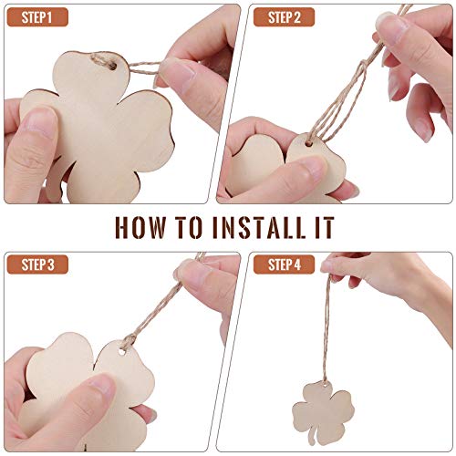 Amosfun Wooden Four-Leaf Clover Ornaments St. Patricks Day DIY Wood Arts and Crafts Shamrock Wooden Hanging Adornments Party Favors Decorations 20PCS
